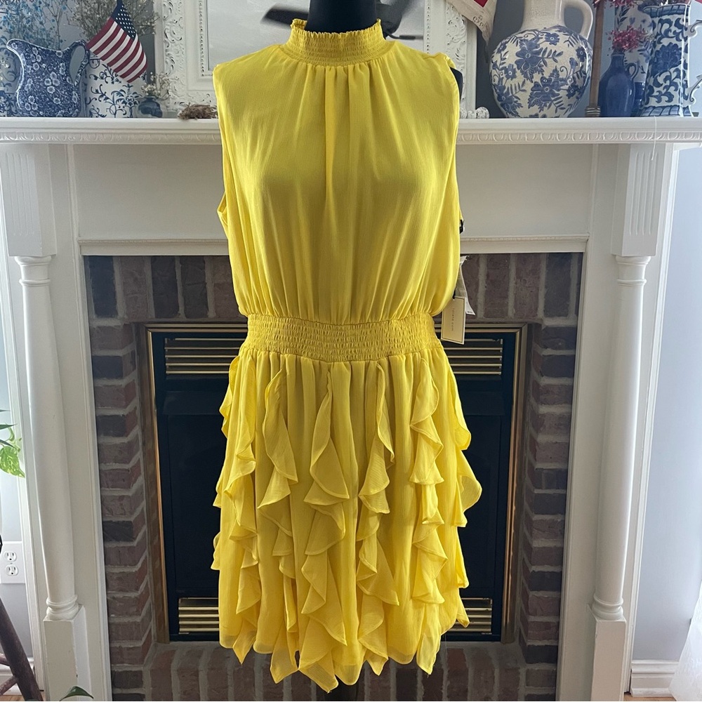 1. State Yellow Cyber Yellow SWEET NOTHING Ruffled Tiered Mini Dress